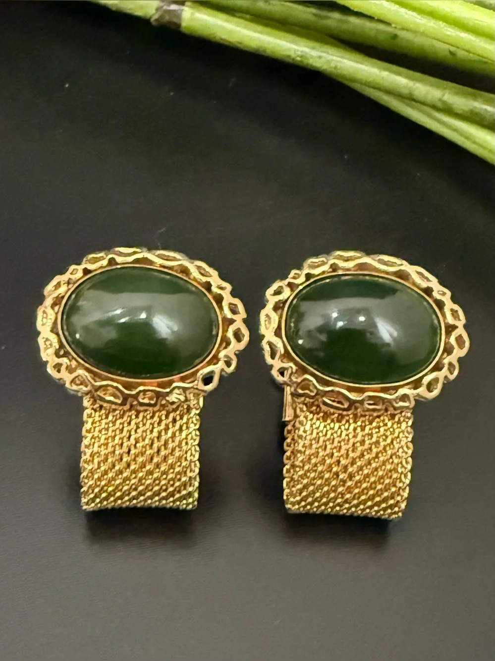 Vintage ANSON Gold-tone Faux Jade Green Stone Cabochon Mesh Cufflinks